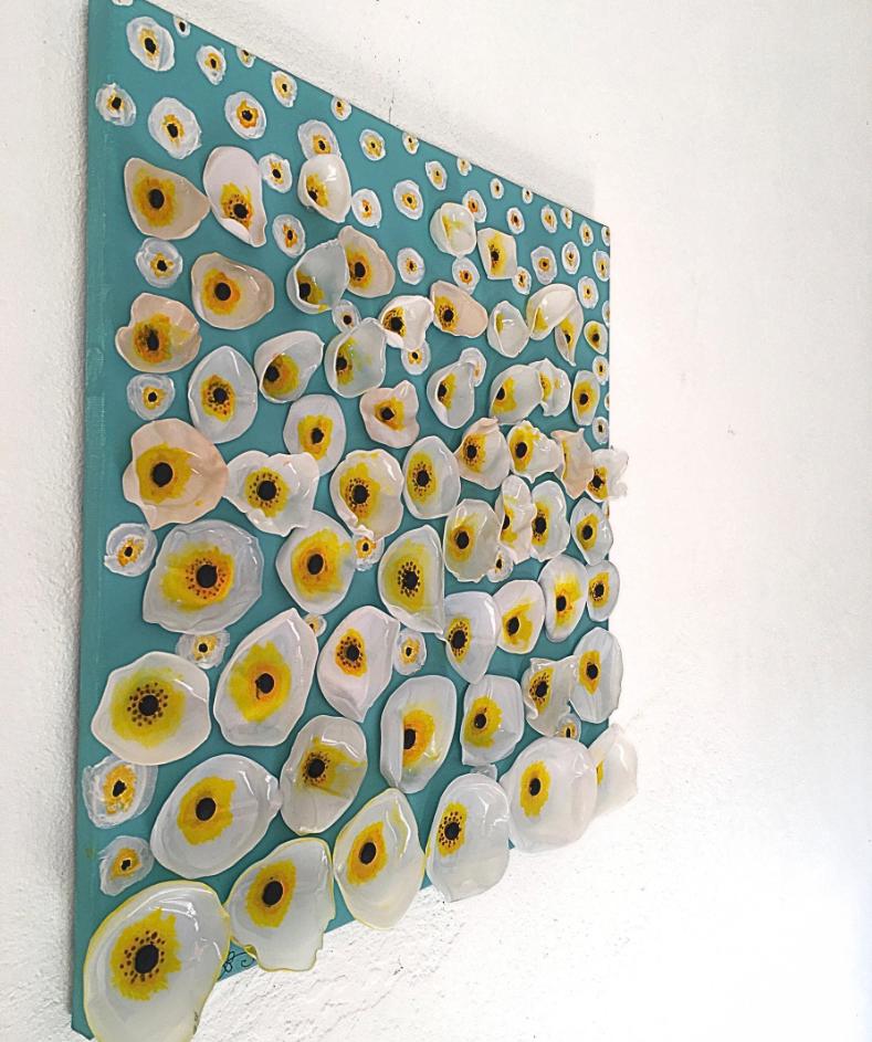 JOIS (39/39 cm pièce unique 100% faire à la main (peinture acrylique + des fleurs)tableau en 3D)