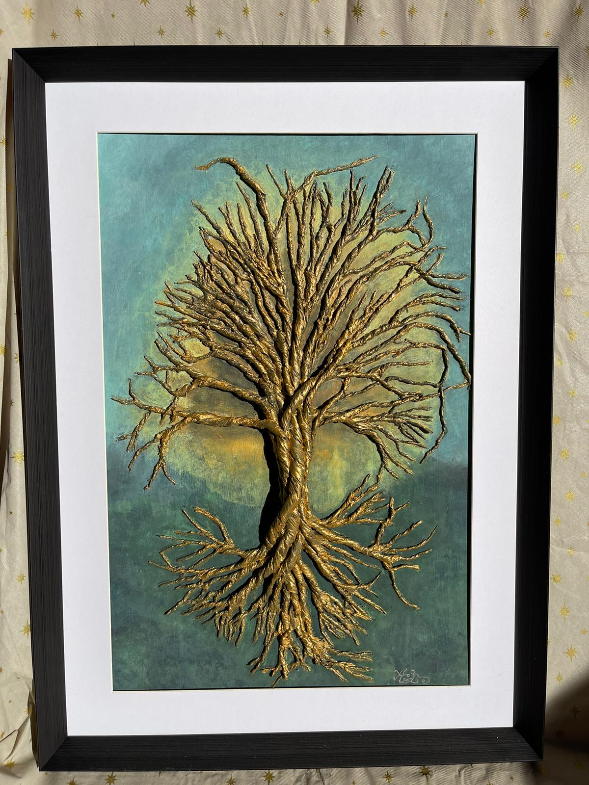 ARBRE DE VIE DORÉ (75/55 cm pièce unique 100% faite à la main (peinture acrylique + des reliefs)tableau en 3D))