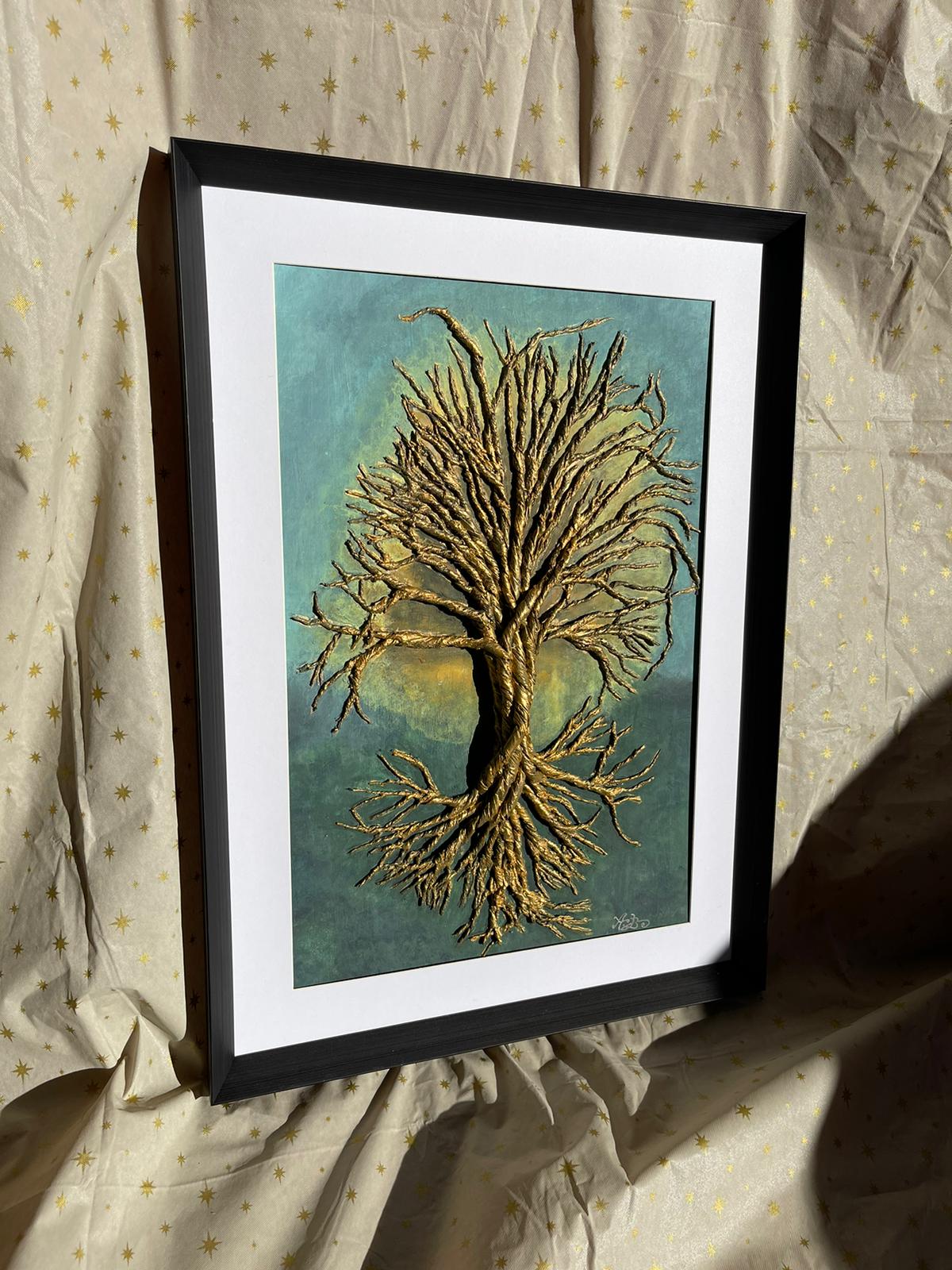 ARBRE DE VIE DORÉ (75/55 cm pièce unique 100% faite à la main (peinture acrylique + des reliefs)tableau en 3D))