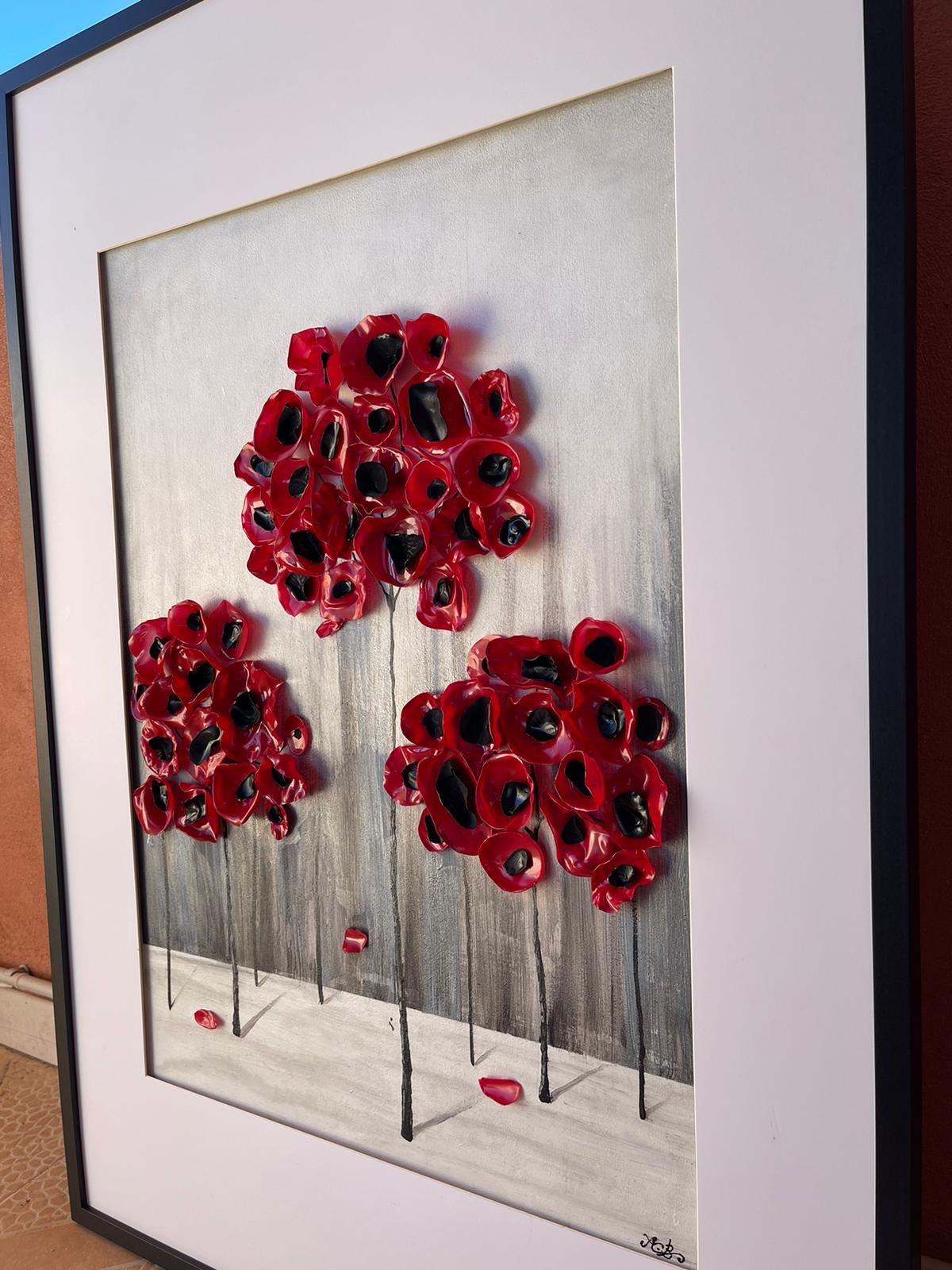 LES TRIPLÉS (103/73 cm pièce unique 100% faite à la main (peinture acrylique + des fleurs ) tabeau en 3D)