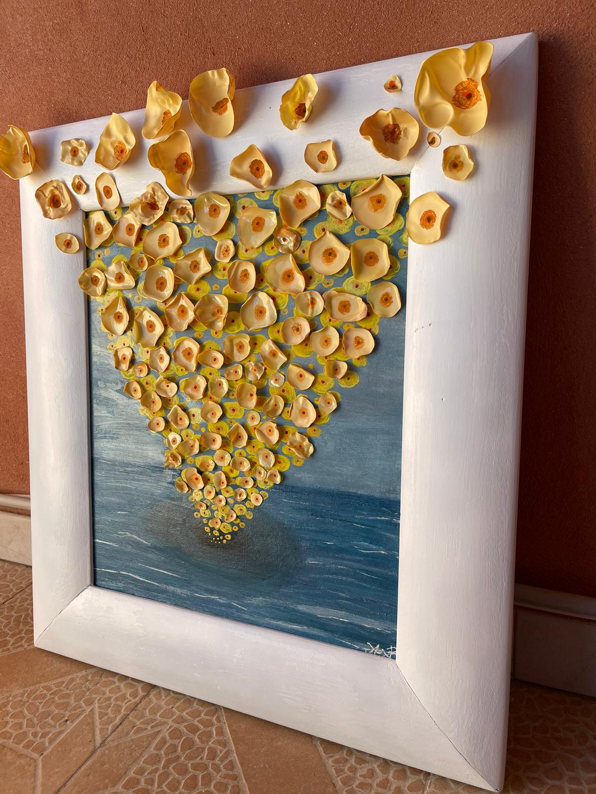 ESPOIR (53,5/59,5 cm pièce unique 100% faire à la main(peinture acrylique + des fleurs)tableau en 3D)