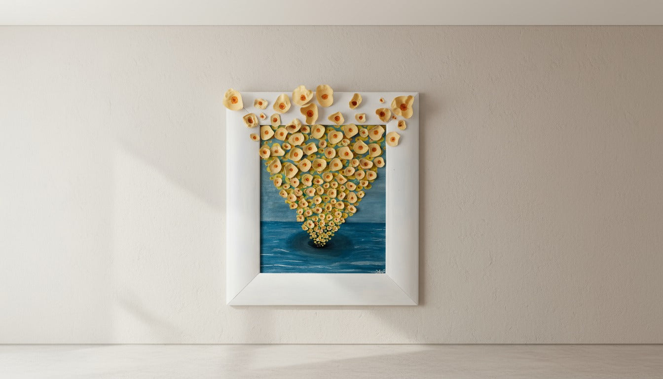 ESPOIR (53,5/59,5 cm pièce unique 100% faire à la main(peinture acrylique + des fleurs)tableau en 3D)